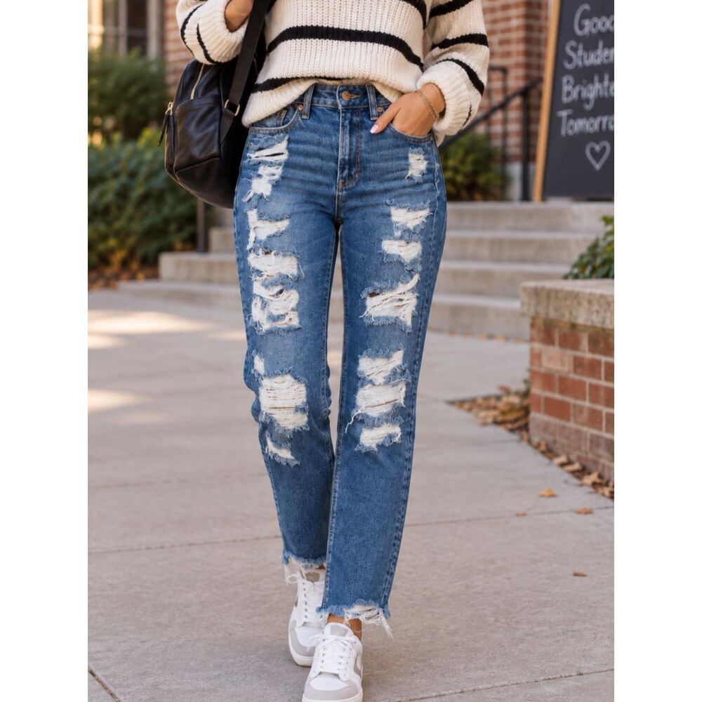 American Eagle Mom Jeans Distressed High Rise Raw Hem Stretch Size 2 Blue Denim